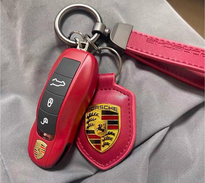 Burgundy PORSCHE key case with leather keychains (set)