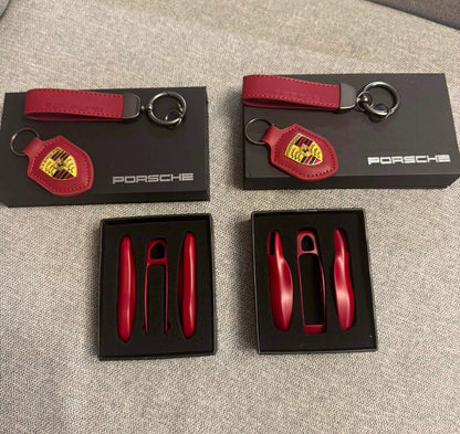 Burgundy PORSCHE key case with leather keychains (set)