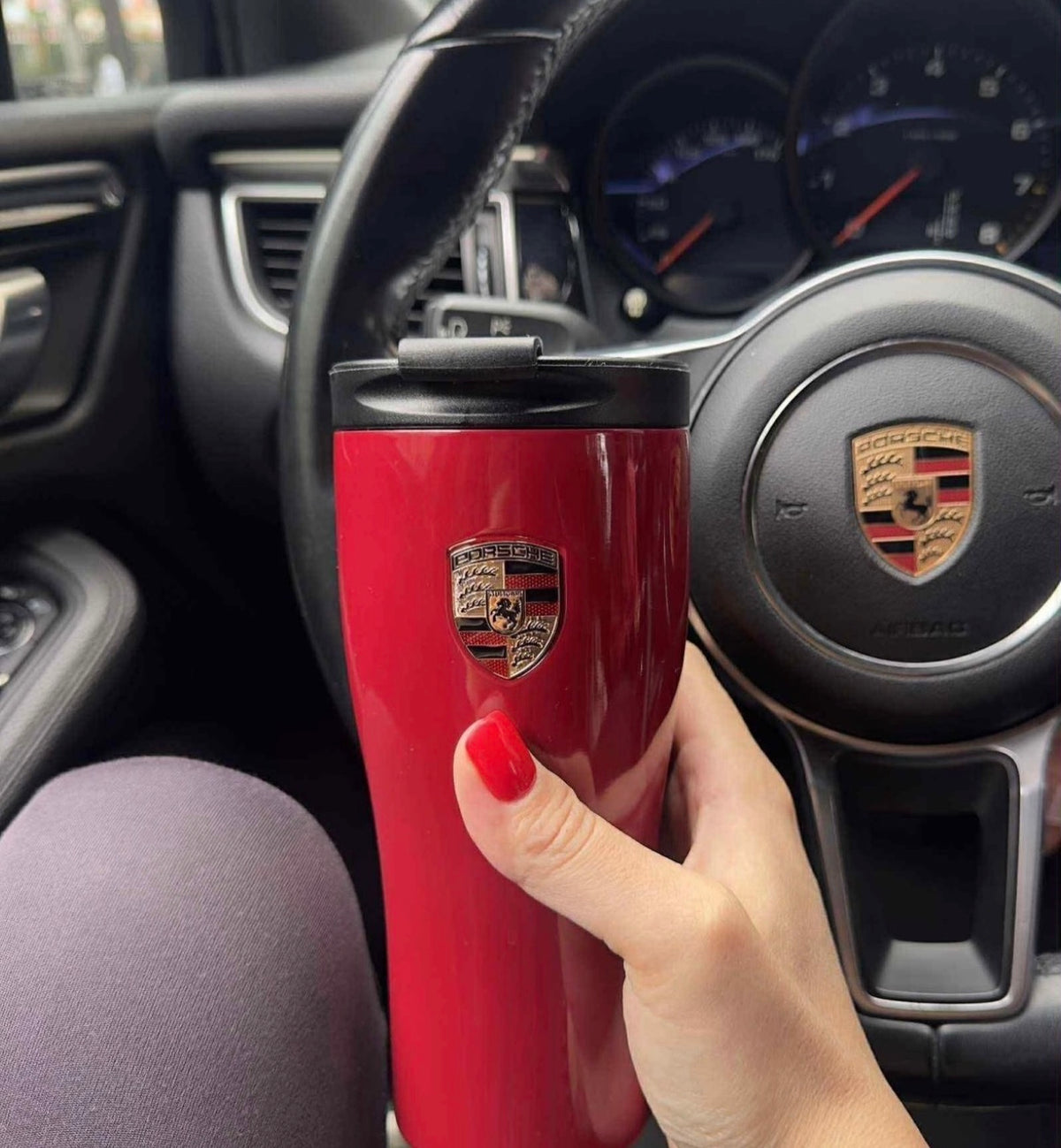 Dark red Porsche thermos mug