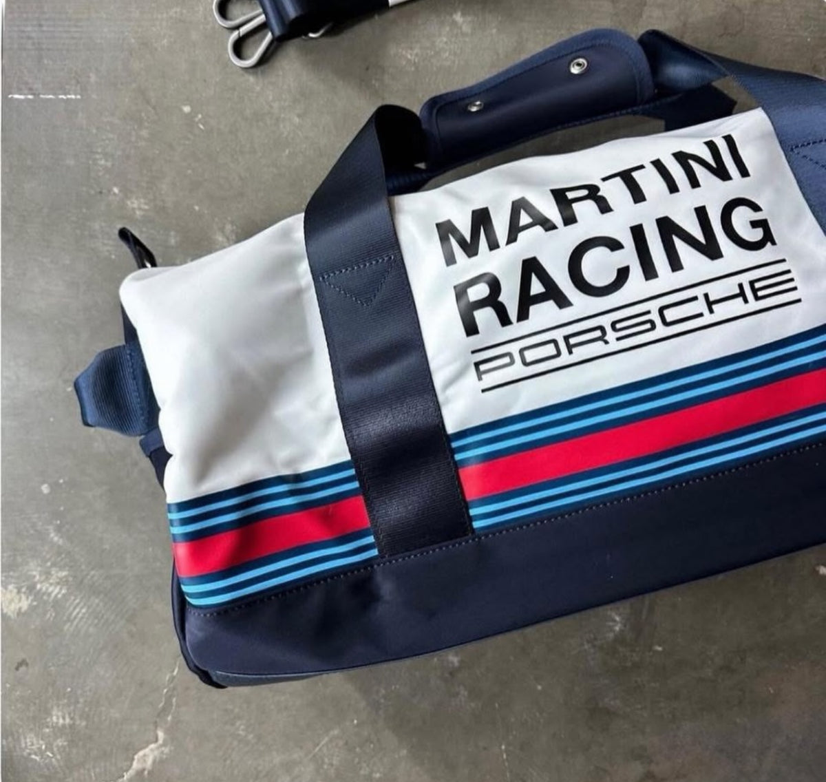 Modern sports duffel bag with large compartment and removable shoulder strap, Martini Racing Safari design