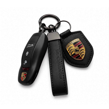 შავი მატი Porsche-ს გასაღების ქეისის და ტყავის საკიდების ნაკრები