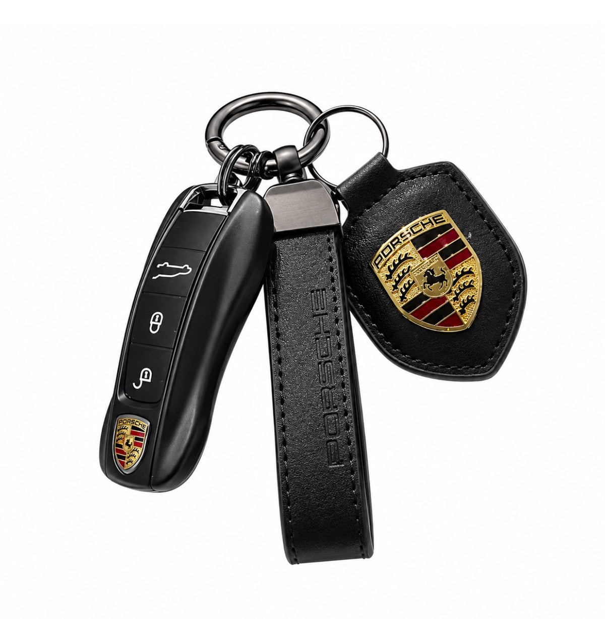 შავი მატი Porsche-ს გასაღების ქეისის და ტყავის საკიდების ნაკრები