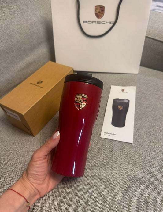 Dark red Porsche thermos mug