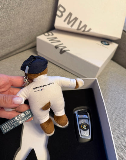 Gift box keychain BMW with a teddy bear and a memory chip