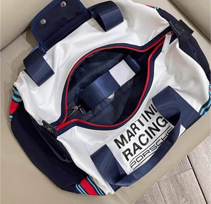 Modern sports duffel bag with large compartment and removable shoulder strap, Martini Racing Safari design