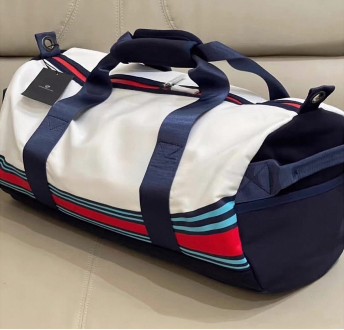 Modern sports duffel bag with large compartment and removable shoulder strap, Martini Racing Safari design