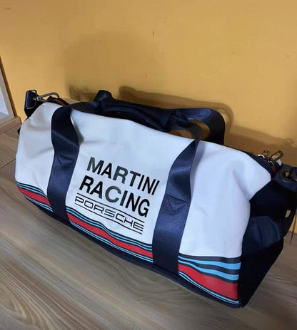 Modern sports duffel bag with large compartment and removable shoulder strap, Martini Racing Safari design