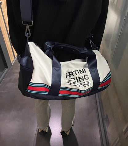 Modern sports duffel bag with large compartment and removable shoulder strap, Martini Racing Safari design