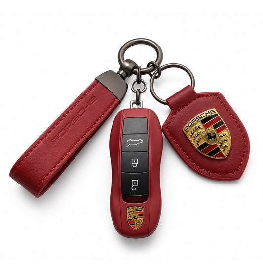 Burgundy PORSCHE key case with leather keychains (set)