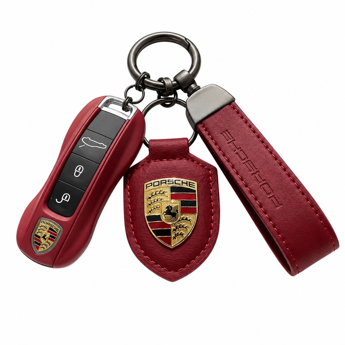 Burgundy PORSCHE key case with leather keychains (set)