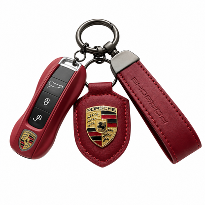 Burgundy PORSCHE key case with leather keychains (set)