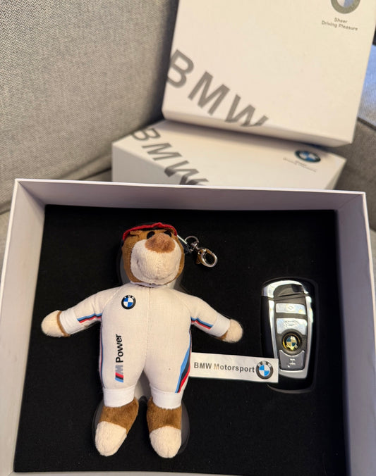 Gift box keychain BMW with a teddy bear and a memory chip